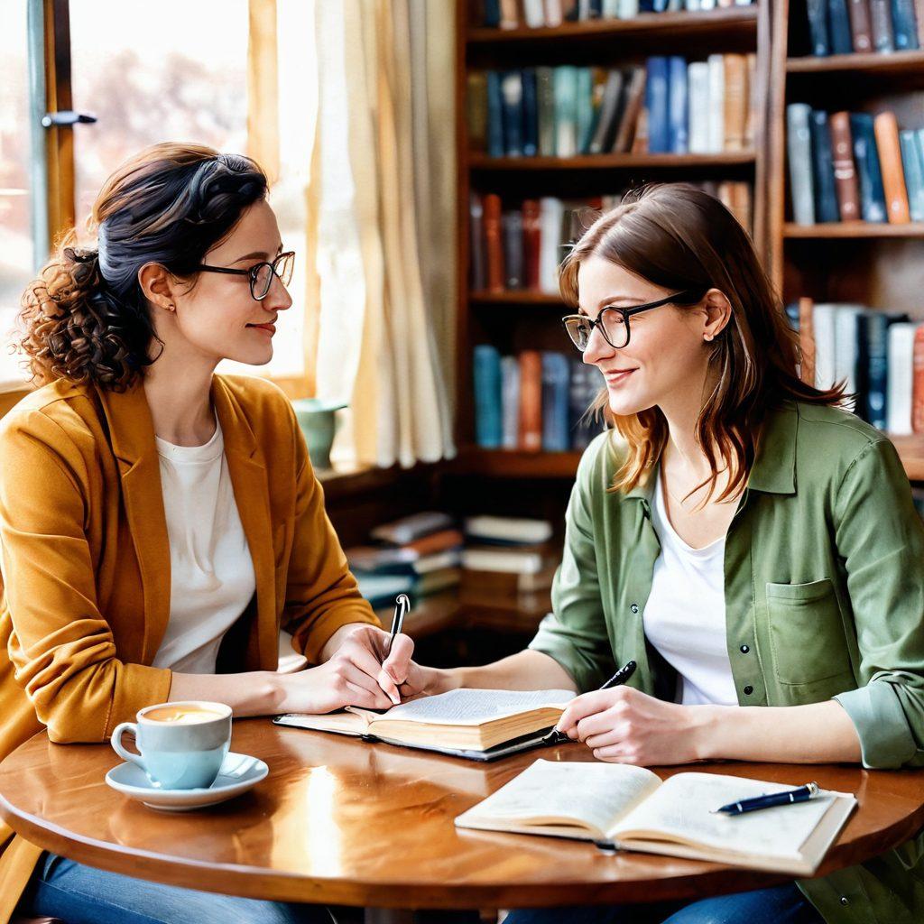 A warm, intimate setting featuring two people engaged in a deep conversation, surrounded by soft lighting and books on communication skills. Their expressions reflect passion and understanding, with a backdrop of a cozy café or living room. Include subtle elements like coffee cups, notepad, and pen, symbolizing open dialogue and connection. watercolor style. warm colors. soft focus.