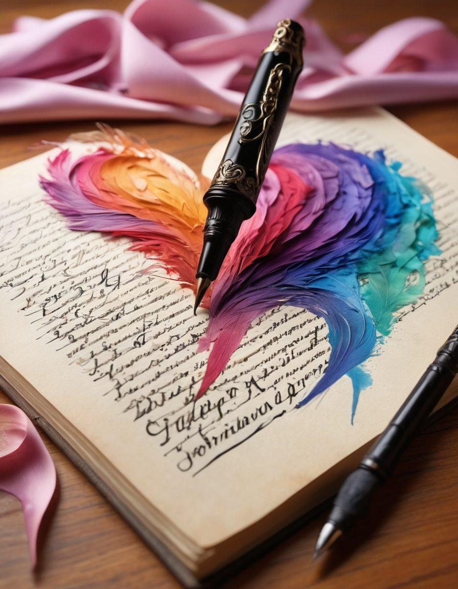 An artistic representation of a quill pen writing over a heart-shaped manuscript, with vibrant splashes of ink blending into soft pastel colors symbolizing emotions. Surrounding the scene are elegant letters transforming into flowing ribbons, representing the connection between language and love. Subtle references to classic literary works scattered in the background, suggesting a rich tapestry of expression. whimsical, soft-focus. vibrant colors. 3D.