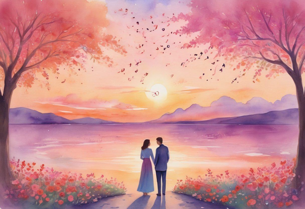 A beautifully illustrated scene of a couple engaged in deep conversation, surrounded by swirling letters and symbols representing different languages of love. The backdrop features a dreamy sunset that symbolizes warmth and connection, with soft petals falling around them, enhancing the romantic atmosphere. Use soft pastels and warm tones to evoke feelings of intimacy and passion. watercolor style. vibrant colors.